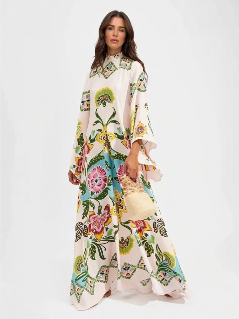 Bohemian Cream Floral Maxi Dress with Multicolor Print